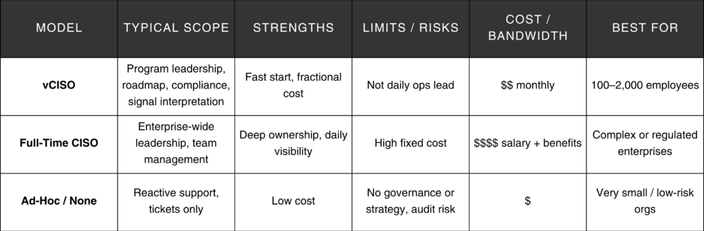 chart that breaks down the different levels of a vCISO along with pros and cons.